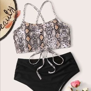 Snakeskin Lace Up Top With High Waist Bikini
